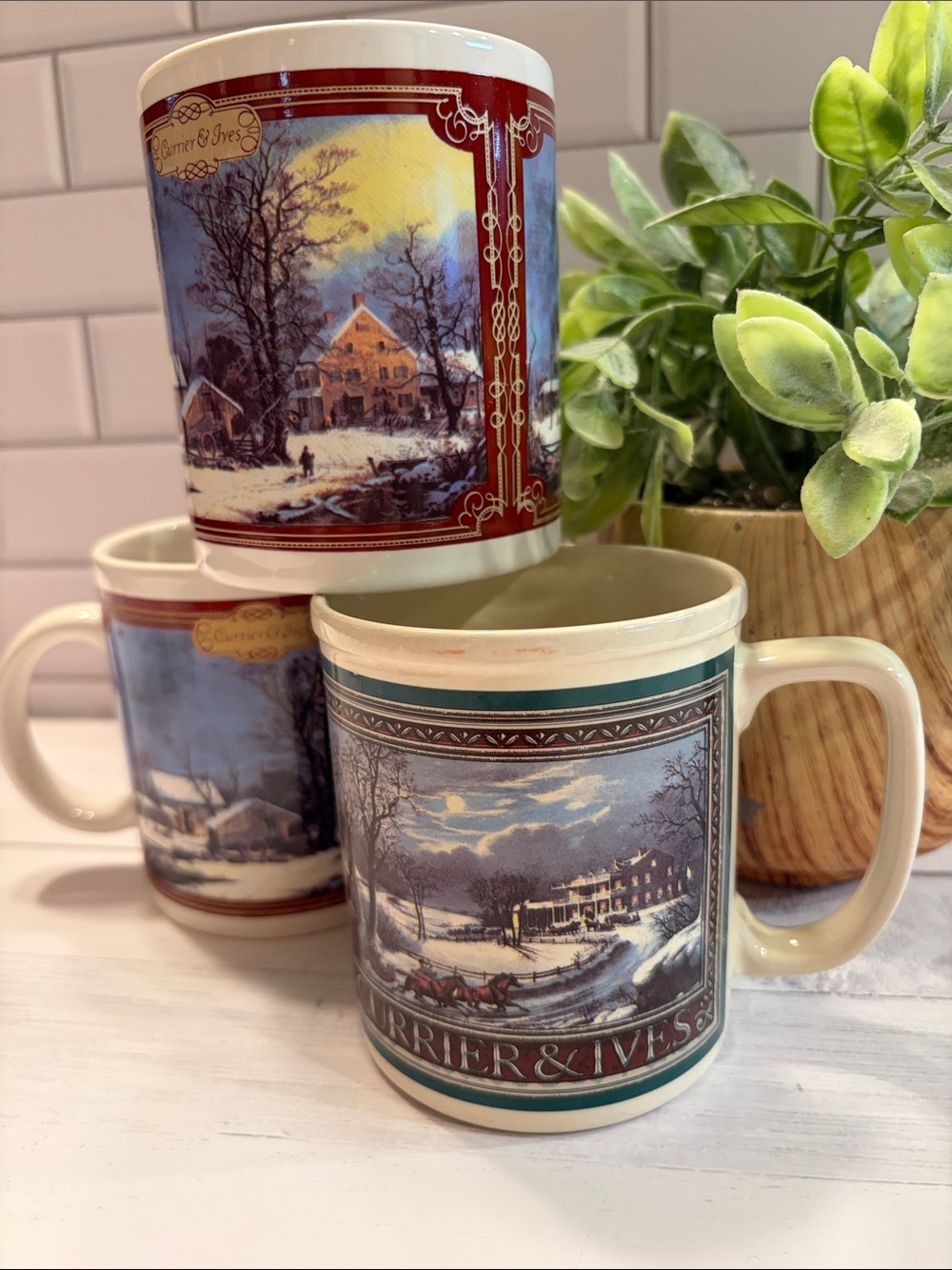Currier & Ives Snow Scene Ceramic Mugs Green and Red Trim